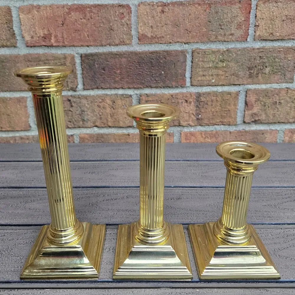 Baldwin Brass Column Candlesticks Smithsonian Shiny Gold Tone Metal Set of 3 Vtg